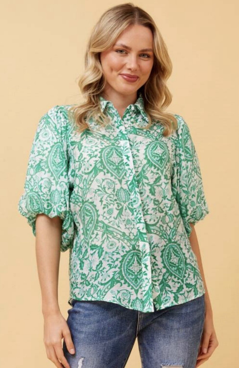Caroline Morgan Puff Sleeve Blouse T517738, Colour: Jade, Size: 8