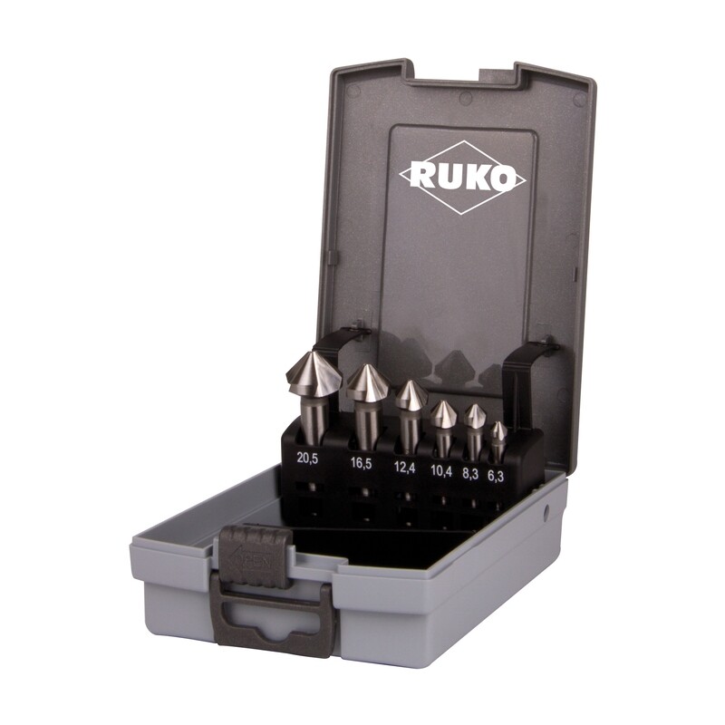 RUKO Zeņķeru komplekts 6.3-20.5mm, DIN 335, C tips, 90 °, HSS, plastmasas kārbā, 6 gab. RUKO Zeņķeru komplekts 6.3-20.5mm, DIN 335, C tips, 90 °, HSS, plastmasas kārbā, 6 gab.