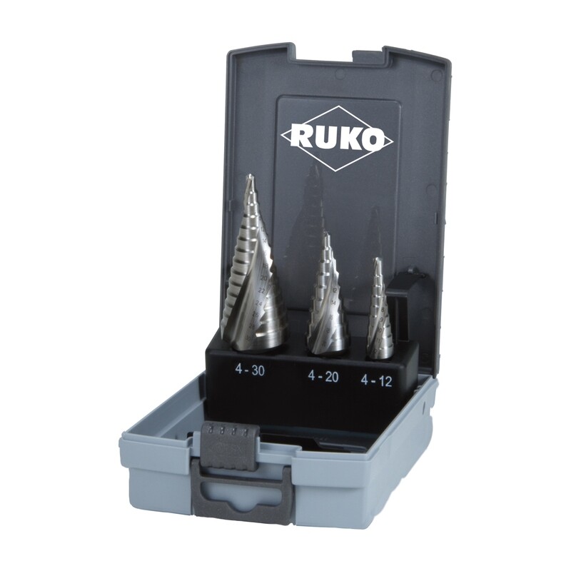 RUKO pakāpju urbju komplekts, ar HSS spirālveida pārsegu, izmēri 0/9, 1, 2, plastmasas kārbā, 3 gab.