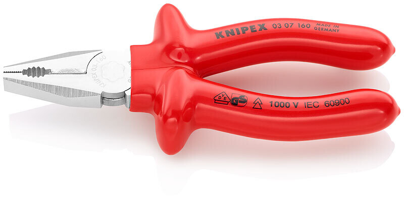KNIPEX Kombinētas plakanknaibles 60HRC, 1000V DIN ISO 5746,  IEC 60900,  DIN EN 60900, 160 mm, art. 0307160 KNI