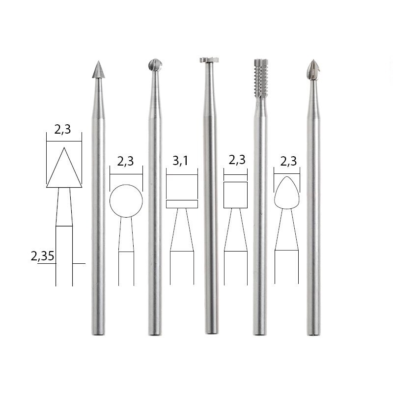 Volframa-vanādija borfrēzes 2.3/3.1 mm, komplekts, 5 gab, PROXXON MICROMOT System, smalkmehāniķiem, art. 28710