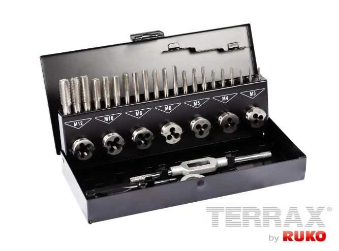 RUKO Terrax vītņgriešanas komplekts, 31gab, M3-M12, ar atbilstošiem turētājiem, DIN 352, HSS-G