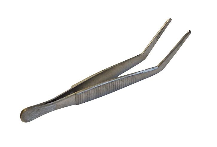 Pincete tehniskā 120mm, ar izliektiem galiem un zobiem (rievām)