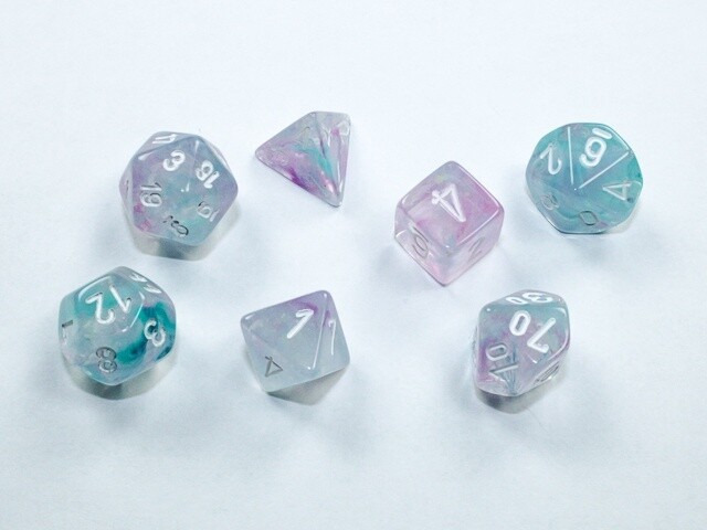 &quot;Nebula® Wisteria/White&quot; Glow in the Dark Mini-Dice Set