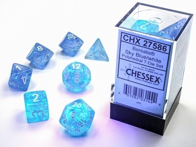 "Borealis® Sky Blue/White" Glow in the Dark Dice Set