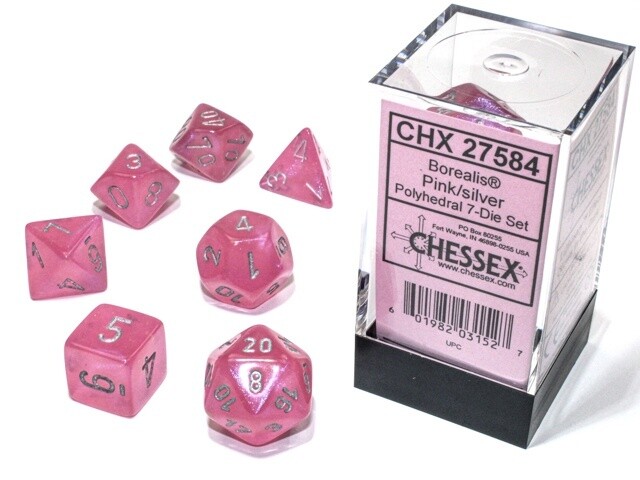 Ensemble de dés luminescents « Borealis Rose/Argent »