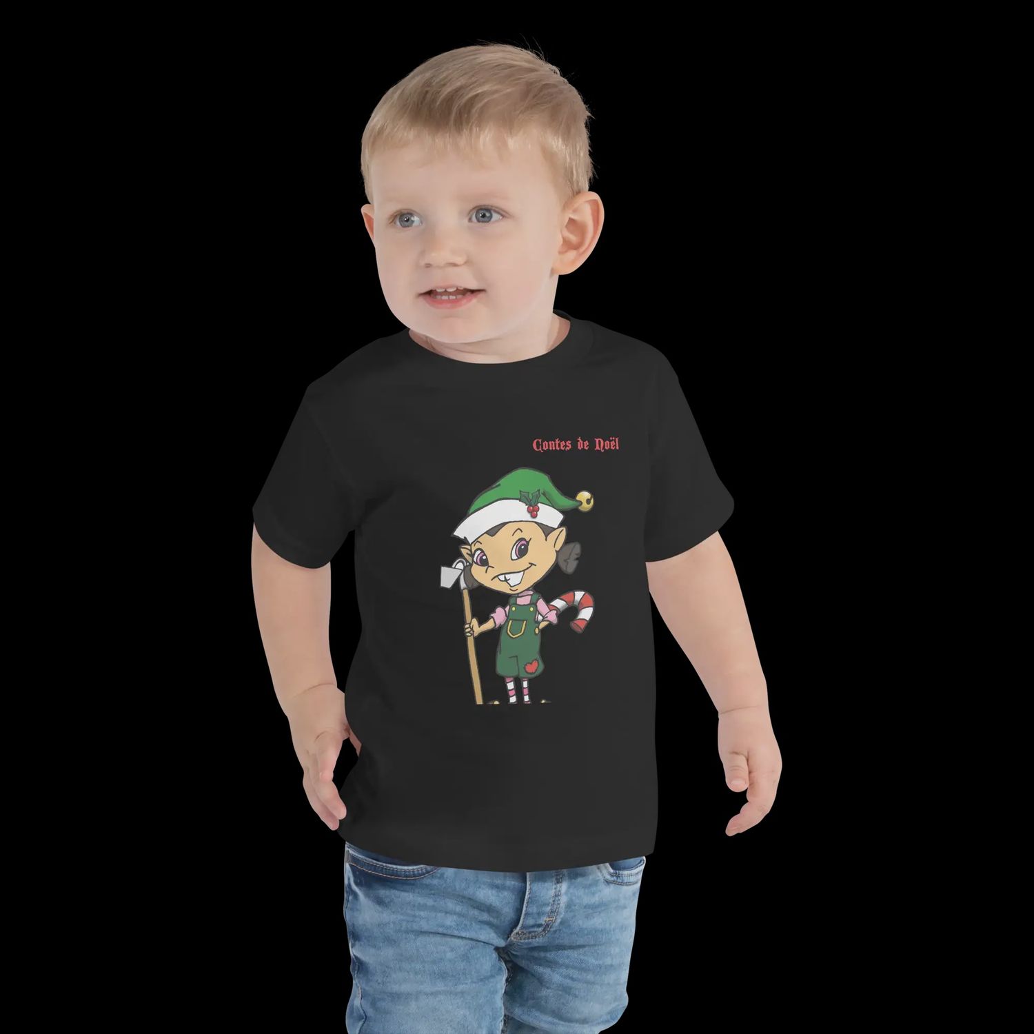 T-Shirt Contes de Noël - Bonnet Vert - Enfant, Couleur: Noir, Grandeur: 2T