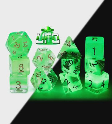 Eleven “UFO” Radiant Dice (Glow-in-the-Dark) Set