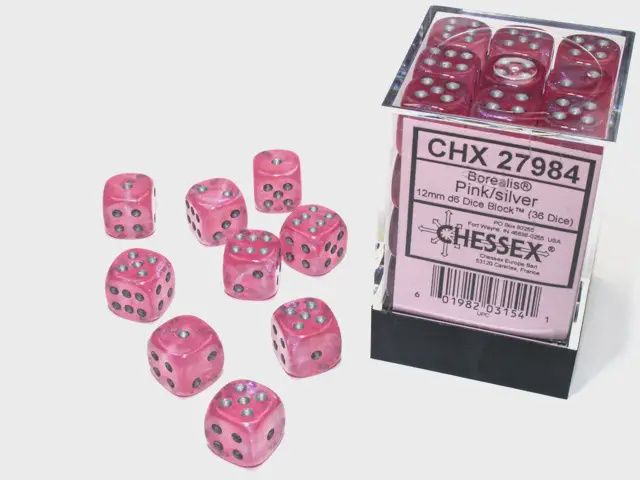 Borealis Pink/silver Luminary 12mm d6 Dice Block (36 dice)