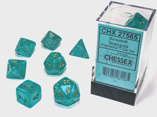 &quot;Borealis® Teal/Gold&quot; Glow in the Dark Dice Set