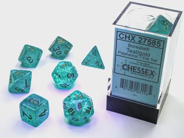 "Borealis® Teal/Gold" Glow in the Dark Dice Set