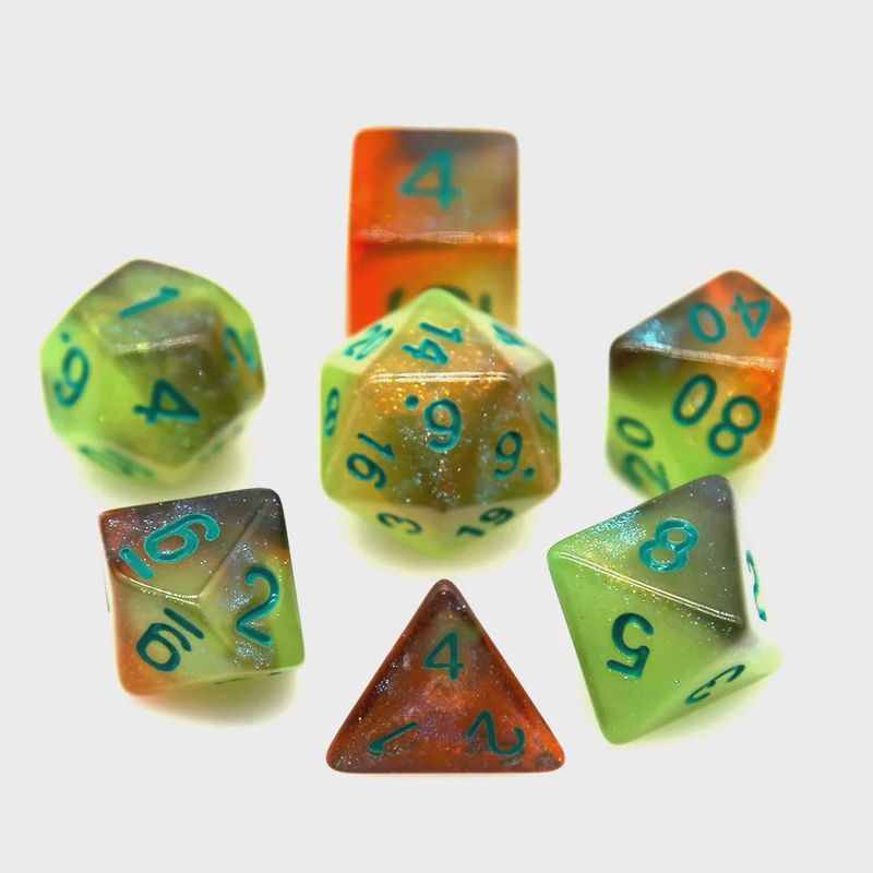 7-Piece Luminescent Polyhedral Dice Set: Phoenix Nebula
