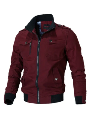 Men&#39;s Solid Color Stand-up Collar Jacket With Multi Pockets