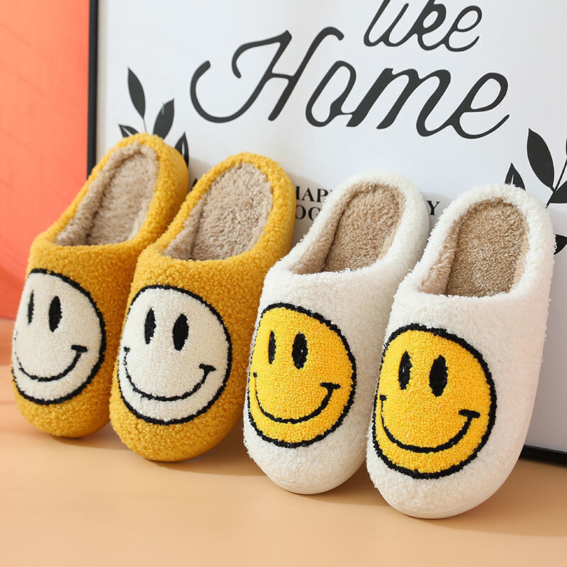 Winter Cotton Slippers To Keep Warm Men And Women At Home With Couple Smiley Face Net Red Non-slip Winter Slippers