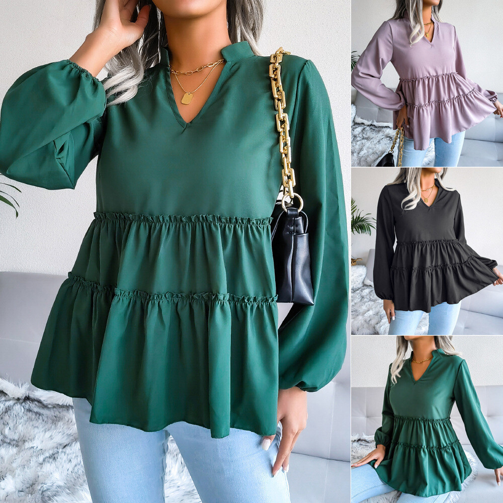 2022 European And American Lanterns Long-sleeved Casual Loose Ruffled Large Swing Chiffon Shirt Top Amazon Cross-border Women&#39;s Clothing