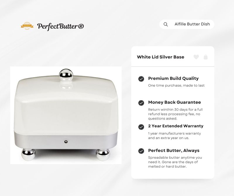 White Lid Silver Base - PerfectButter® Alfille Electric Temperature Controlled Butter Dish