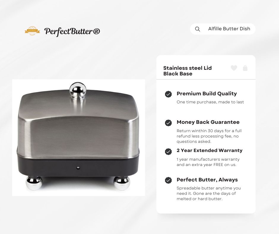 Sleek Stainless Steel Lid/Black Base - Electric Butter Dish