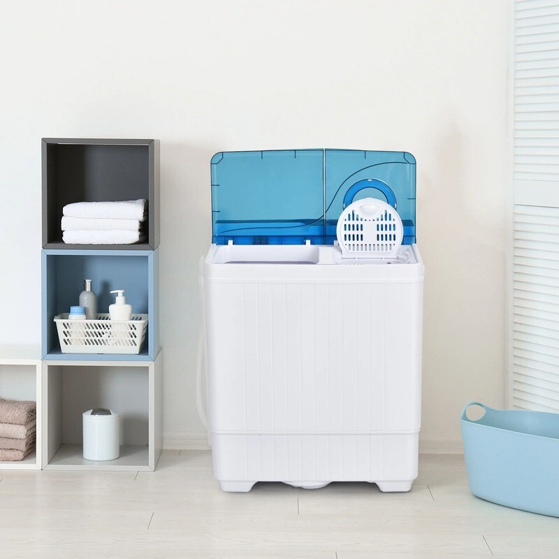 Movamax Portable Semi-Automatic 26 lb. Twin Tub Washing Machine with Built-In Drain Pump - Blue / Gray
