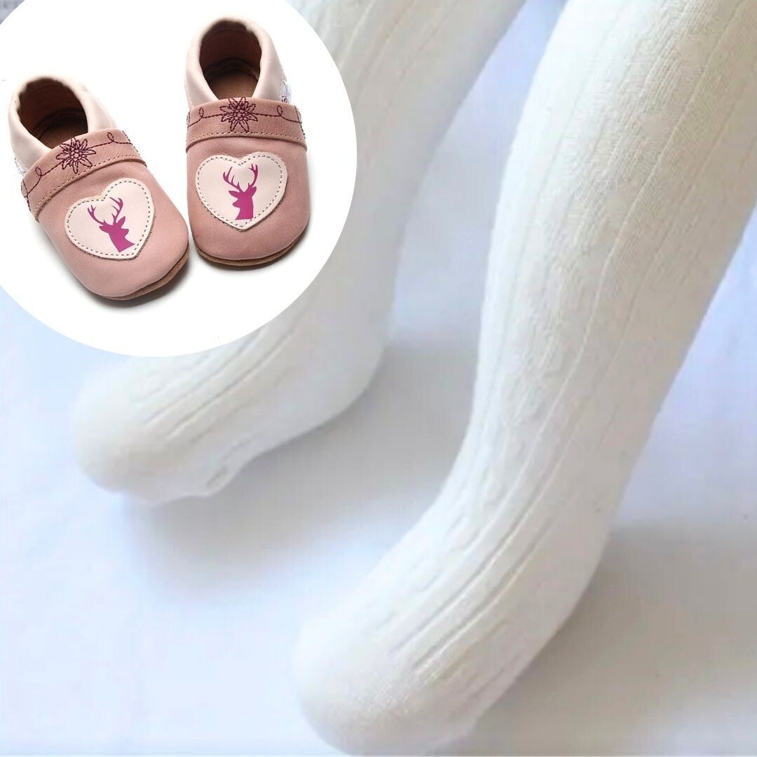 Set: Alpine Lederpuschen &amp; Trachtenstrumpfhose weiß