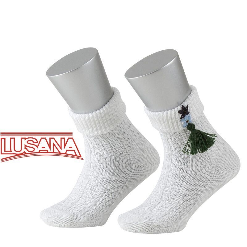 LUSANA Umschlagsocken weiß bestickt mit Quaste