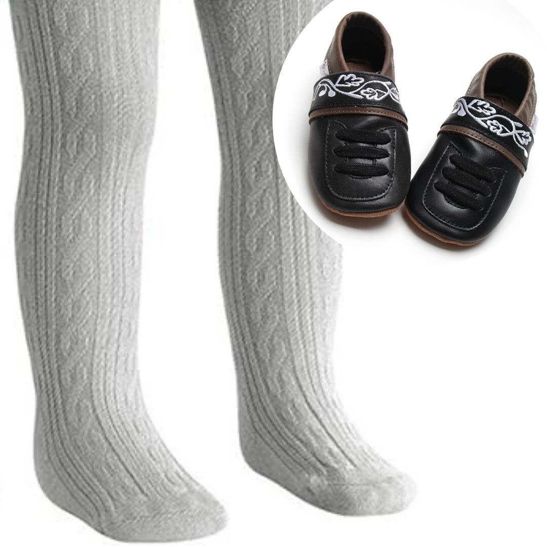 Set: Alpine Lederpuschen &amp; Trachtenstrumpfhose hellgrau