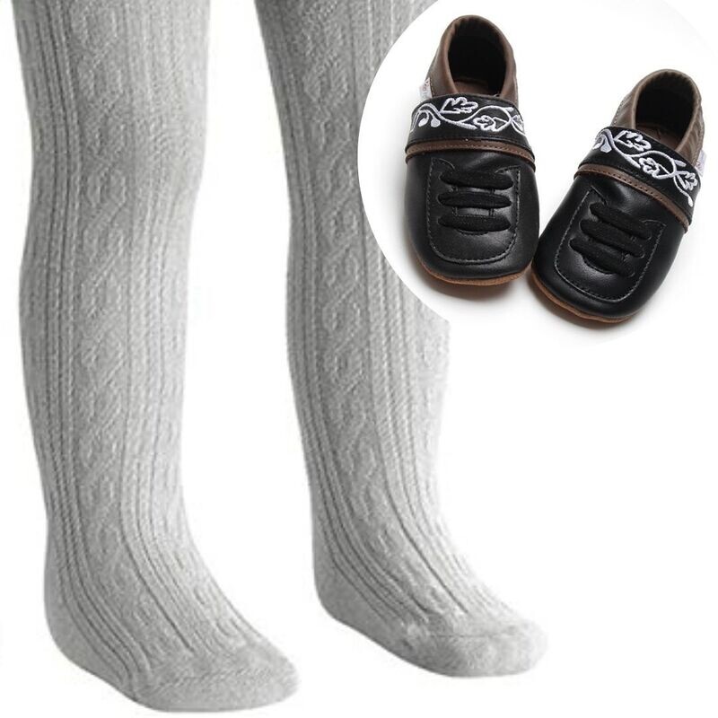 Set: Alpine Lederpuschen &amp; Trachtenstrumpfhose hellgrau