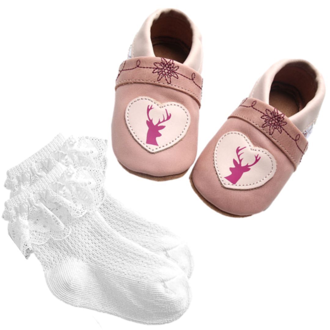 Set: Alpine Lederpuschen &amp; weiße Spitzensöckchen