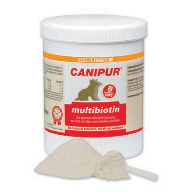 CANIPUR - multibiotin
Ergänzungsfuttermittel für Hunde
CANIPUR - multibiotin für eine optimale Nährstoffversorgung von Haut und Haar sowie Krallen und Ballen.
