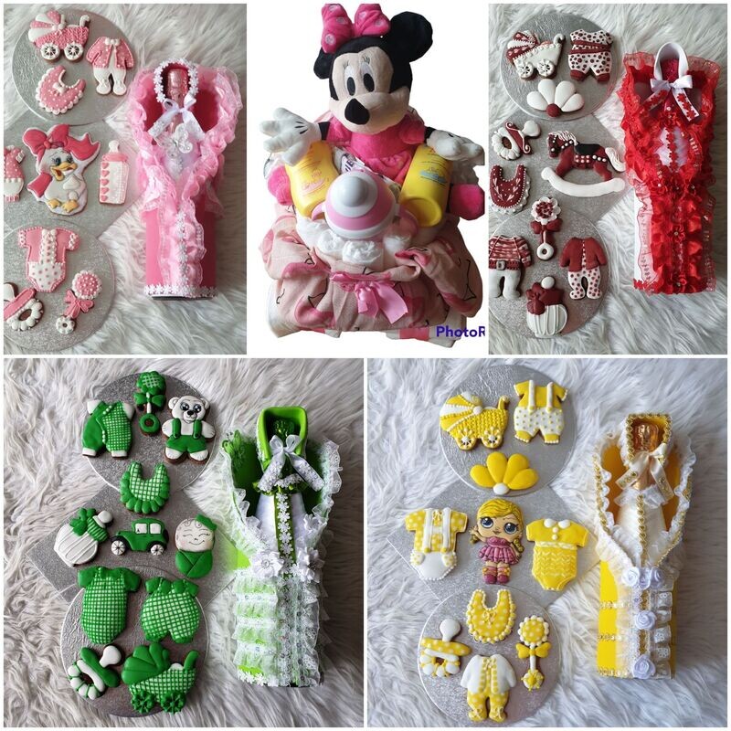 Rode set voor meisje.(peperkoeken, champagne, luiertaart)