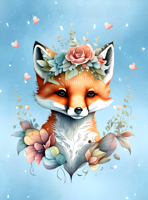 Renard fleurs bleu