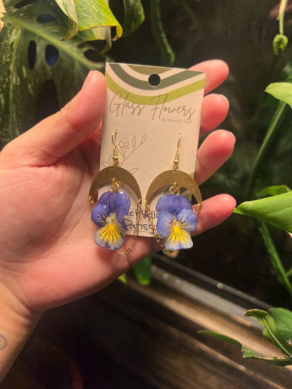 Blue Pansy With Brass Charm And Dangle