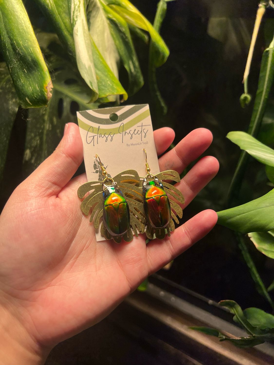Red Flower Beetle, Torynorrhina flammea With Brass Monstera Leaf