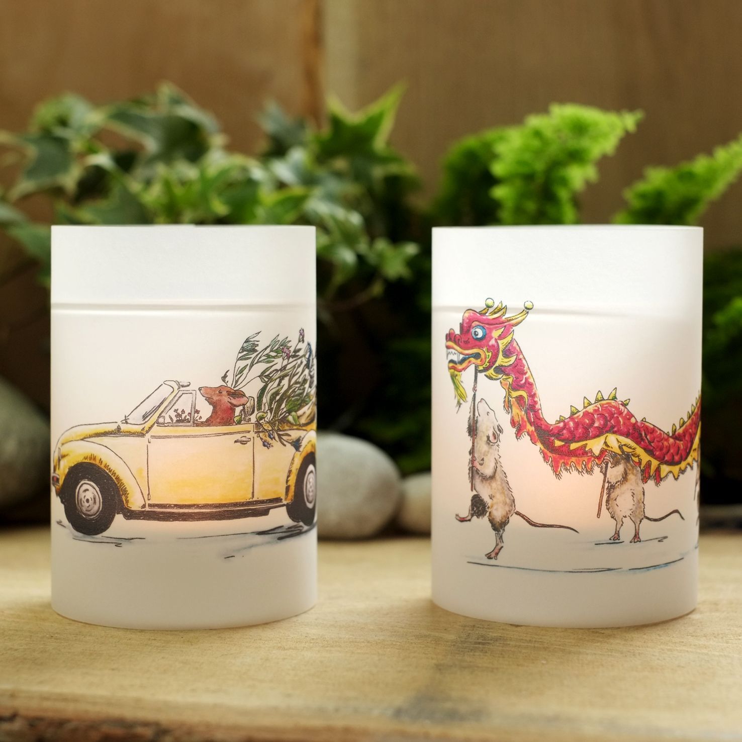 Teelicht-Banderolen-Set "Blumenkäfer und Glücksdrache"