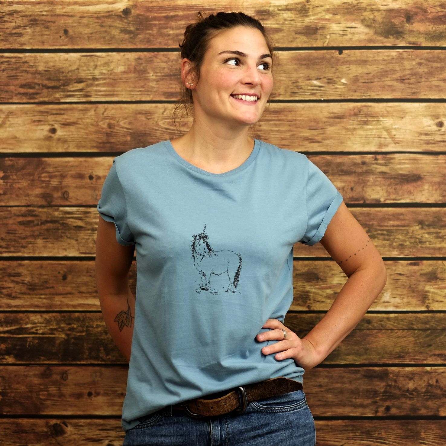 Roll up Sleeve Ladies-T-Shirt "Einhorn" Blue Dusk