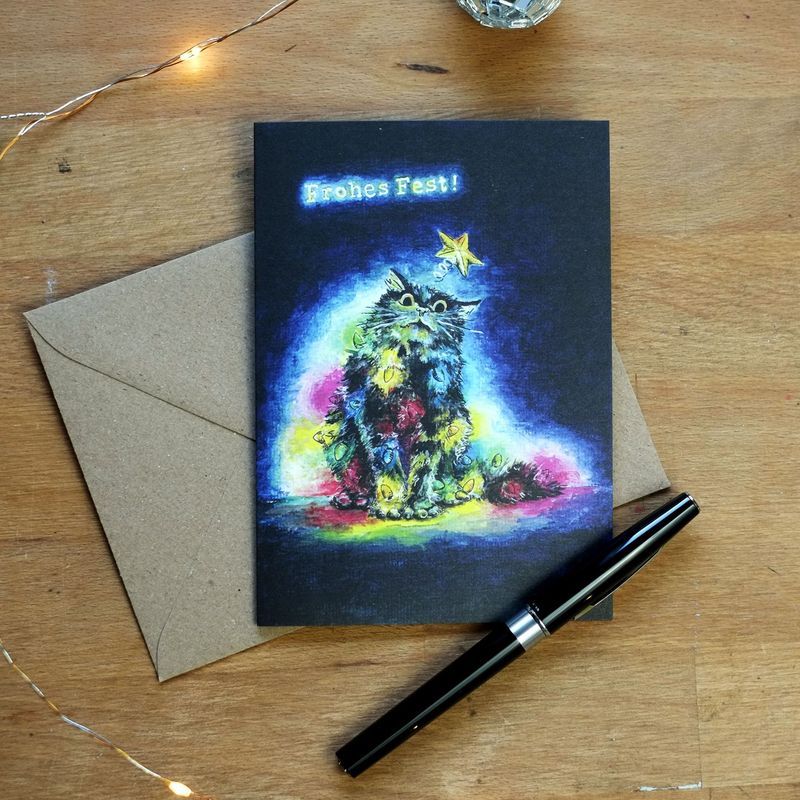 Grußkarte "Verrückte Weihnachtskatze"