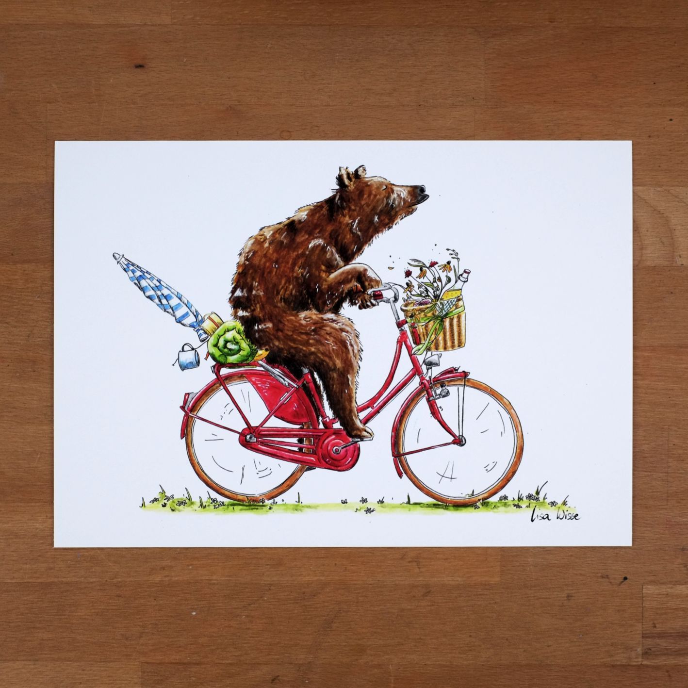 Handsignierter Kunstdruck "Picknick-Bär" aus der Serie "Fahrradtypen"