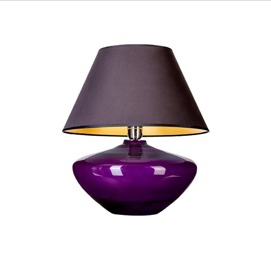 Lámpara de mesa de cristal morado con pantalla negra