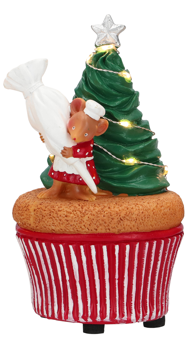 cupcake et souris patissiere avec poche à douille devant sapin