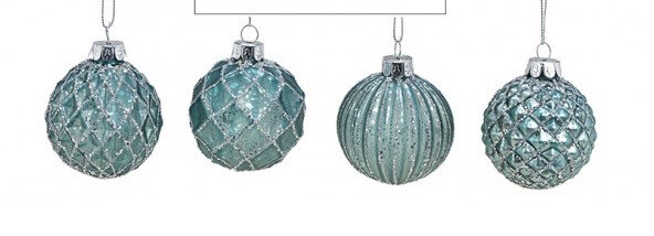 Lot de 4 boules de Noël pailletées vert turquoise et argent Lot de 4 boules de Noël pailletées vert turquoise et argent