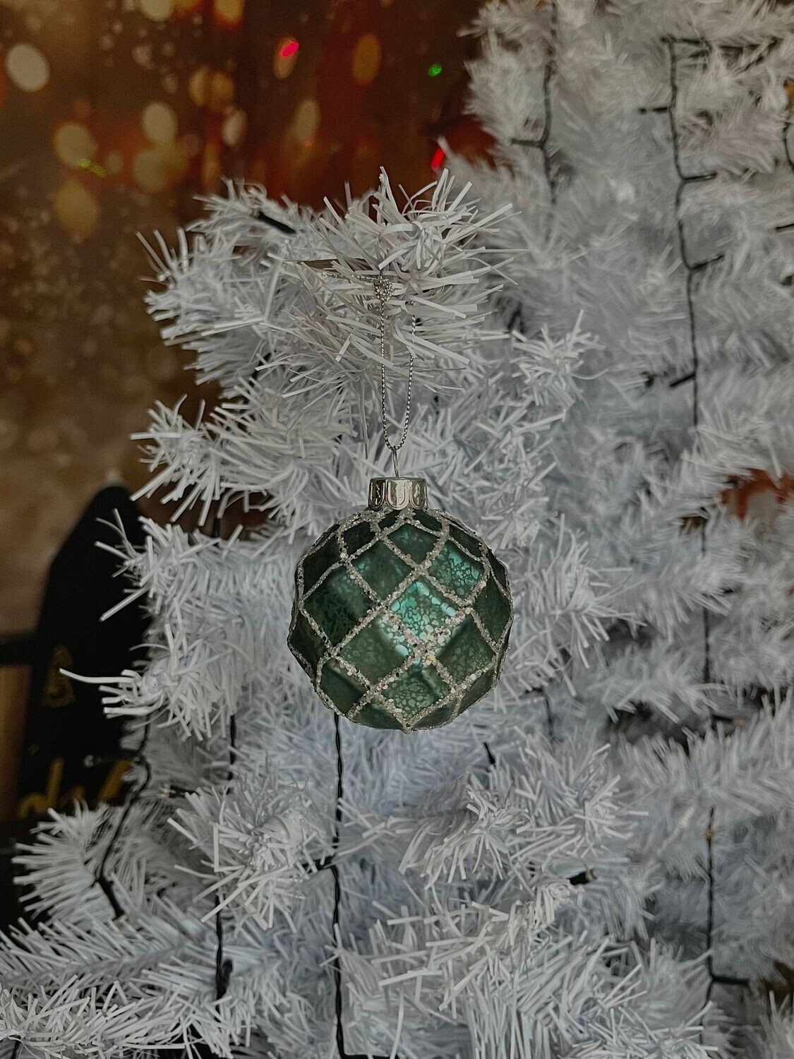 Boule de Noël pailletée vert turquoise et argent grand carré Boule de Noël pailletée vert turquoise et argent grand carré