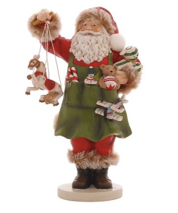 Père Noël debout avec une marionnette cheval Père Noël tenant une marionnette cheval de cirque de Matière polyrésine
