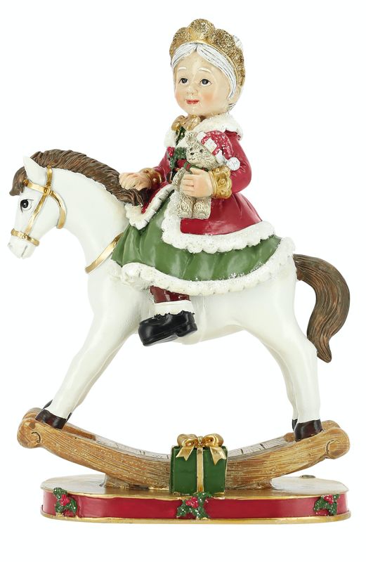 Mère Noël sur cheval à bascule