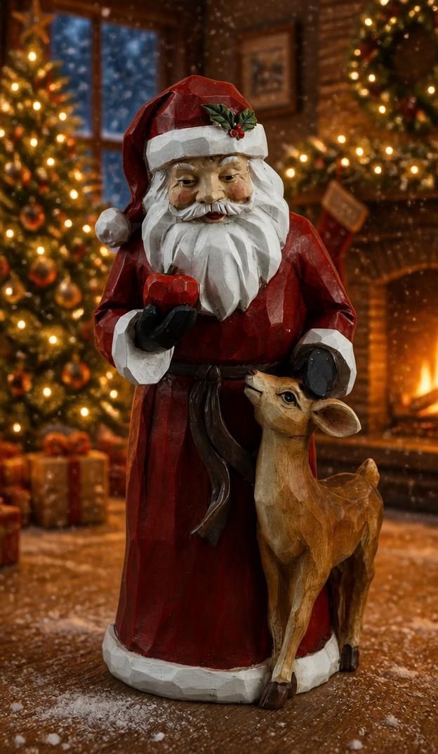 Père Noël rouge imitation bois avec biche Père Noël rouge imitation bois avec biche