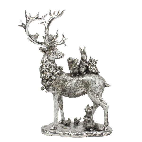 Renne argenté de 43 cm debout avec d'autres animaux Renne argenté de 43 cm debout avec d'autres animaux