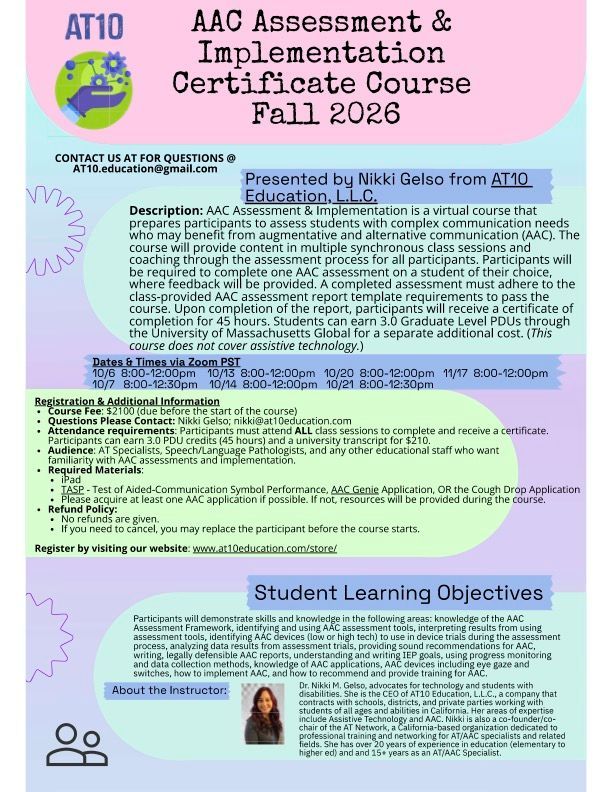AAC Assessment & Implementation  Certificate - Fall 2026 - Virtual, Begins 10/6/2026