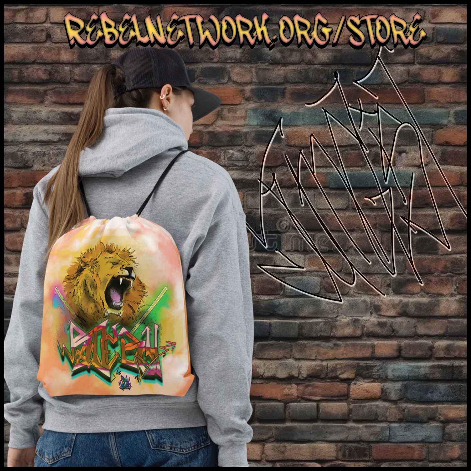 Lion Graffiti Drawstring Bag