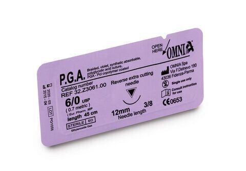 Fil de suture Omnia PGA résorbable aiguille 3/8 de cercle Fil de suture Omnia PGA résorbable aiguille 3/8 de cercle, Taille: 4/0 aiguille Extra Sharp 12mm (12 pièces)
