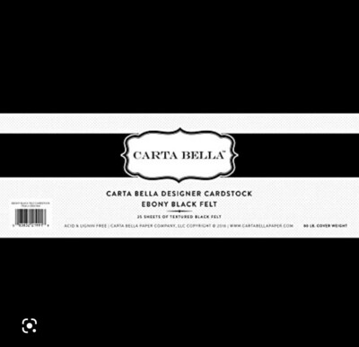 12x12- Ebony Black Felt Carta Bella Cardstock Pack Of 25 Sheets