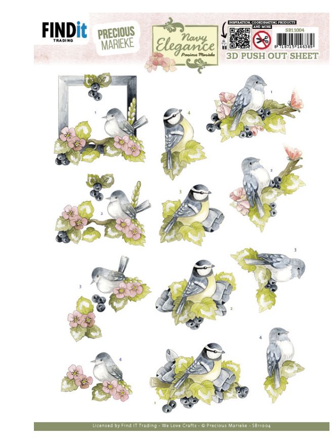 Blue Birds - 3D Push Out Sheet, Navy Elegence,  Precious Marieke