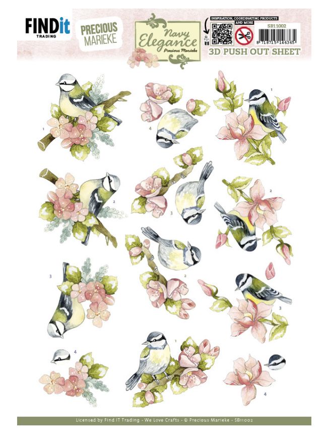 Flower Bird - 3D Push Out Sheet, Navy Elegence  Precious Marieke